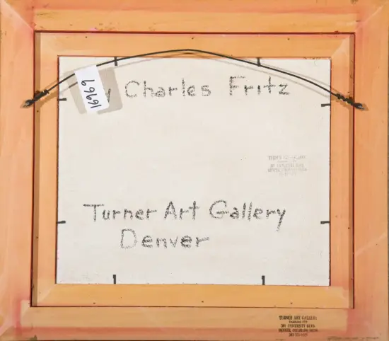 Back of framed artwork with a hanging wire, label reading 'Charles Fritz', and Turner Art Gallery Denver stamp on the canvas