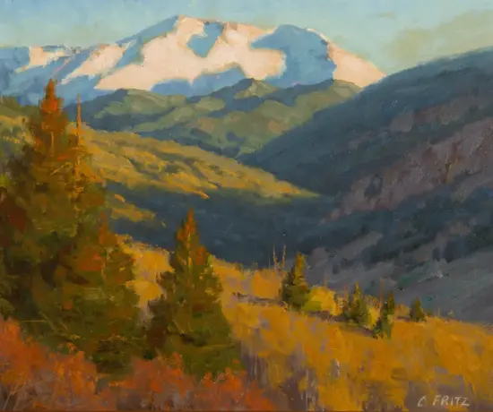 Autumn mountain landscape painting: snow-capped peaks in the distance, layered blue-green slopes, and warm orange-yellow trees in the foreground.