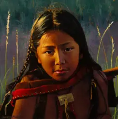 Portrait of a young girl with braided hair and a red scarf in a field, looking toward the camera with a calm expression, painted style.