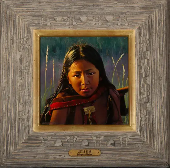 Portrait of a young Indigenous girl with braided hair and a red shawl, standing in tall grasses, inside a rustic frame labeled 'Little Bear'.