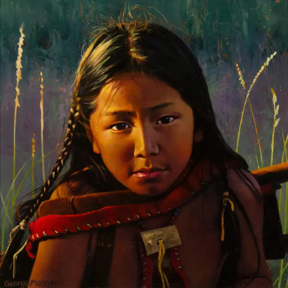 Portrait of a young girl with braided hair and a red scarf in a field, looking toward the camera with a calm expression, painted style.