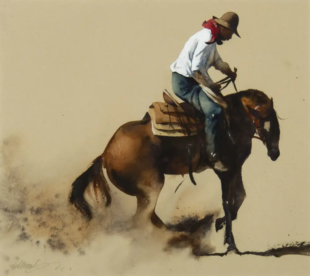 Western-themed painting of a cowboy wearing a hat and red neckerchief riding a brown horse against a pale backdrop.