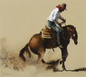 Western-themed painting of a cowboy wearing a hat and red neckerchief riding a brown horse against a pale backdrop.