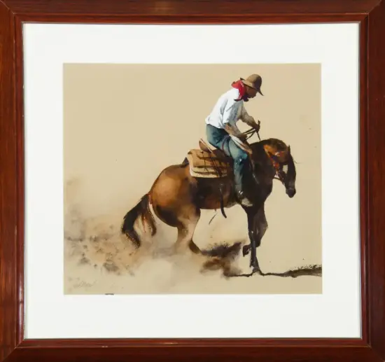 Framed painting of a cowboy on a brown horse, riding through dust with a wide-brimmed hat and scarf.