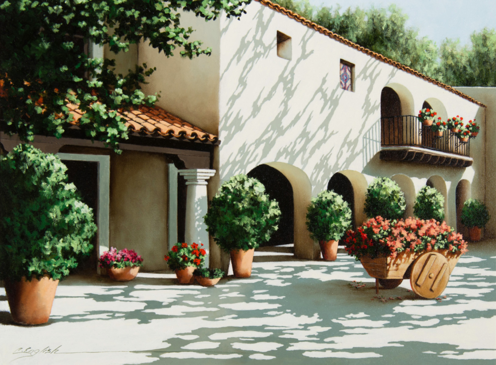 Mediterranean courtyard with white stucco walls, terracotta roof tiles, arches, and potted flowers in sunlight.