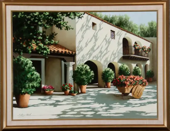 Mediterranean courtyard painting with arched doorways, terracotta pots, and a wheelbarrow filled with red flowers in sunlight.