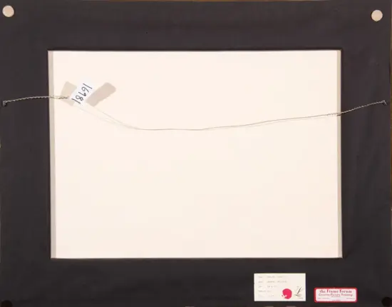 Back of a framed artwork, showing a metal hanging wire across a black mat with several small labels at the bottom.