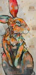 Colorful abstract painting of a rabbit in profile facing right, with bold orange, pink, blue and teal brushstrokes and black outlines.