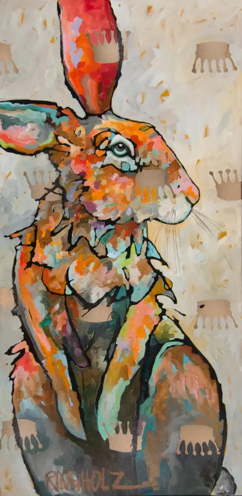Colorful abstract painting of a rabbit in profile facing right, with bold orange, pink, blue and teal brushstrokes and black outlines.