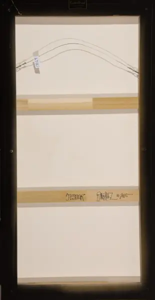 Minimalist framed art piece with two curved metal wires, taped label on left, and a wooden strip across bottom bearing the handwritten title 'Jester' and artist's signature (2015).