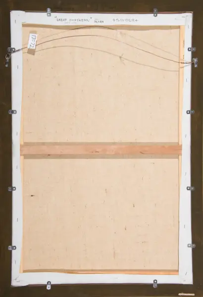 Back view of a stretched canvas on a wooden frame, with a hanging wire attached to metal brackets at the top corners and sides; white wooden stretcher bars and a cardboard label visible along the edges