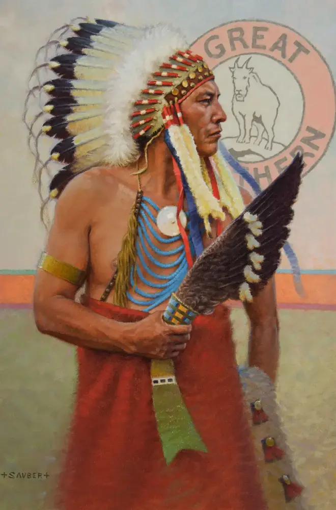 Native American man in a tall feather headdress and red ceremonial robe, holding a large feathered staff against a pale mural backdrop.