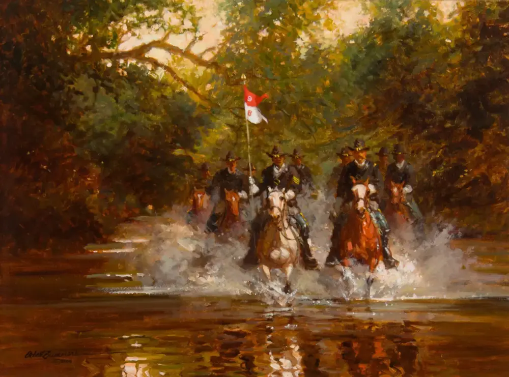 Impressionist painting of mounted soldiers crossing a shallow river beneath autumn trees, carrying a red-and-white flag.