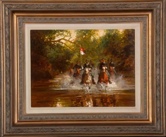 Oil painting of cavalry riders on horseback crossing a shallow river under trees, a red-and-white flag at the center.