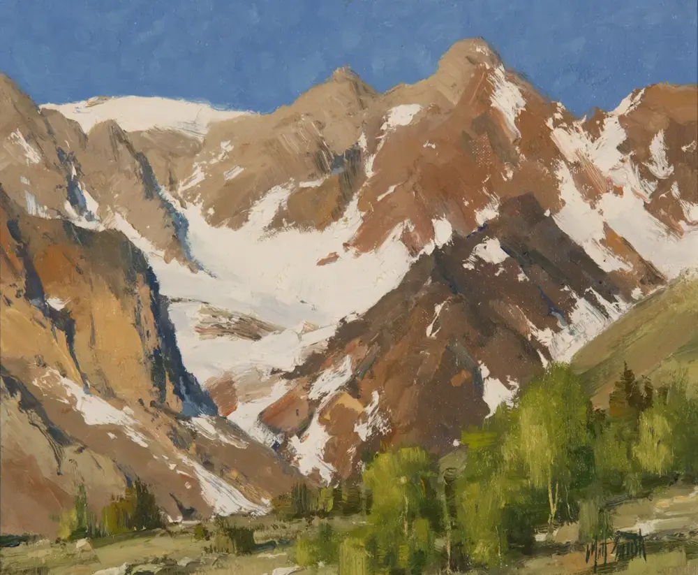 Oil painting of snow-capped mountains under a blue sky with a forested valley in the foreground.