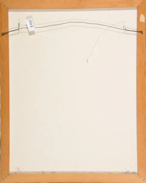 Back of a framed artwork showing hanging wire, a small label, and a blank white canvas in a wooden frame.