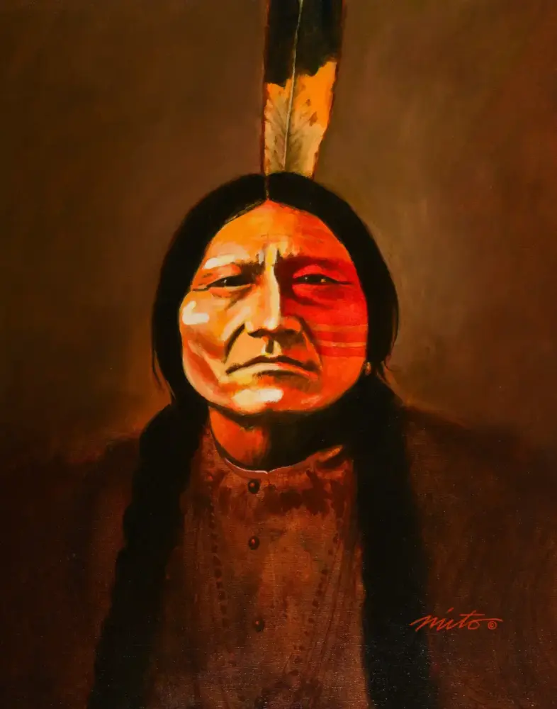 Painted portrait of a Native American man with black braids and a single feather in a headdress.