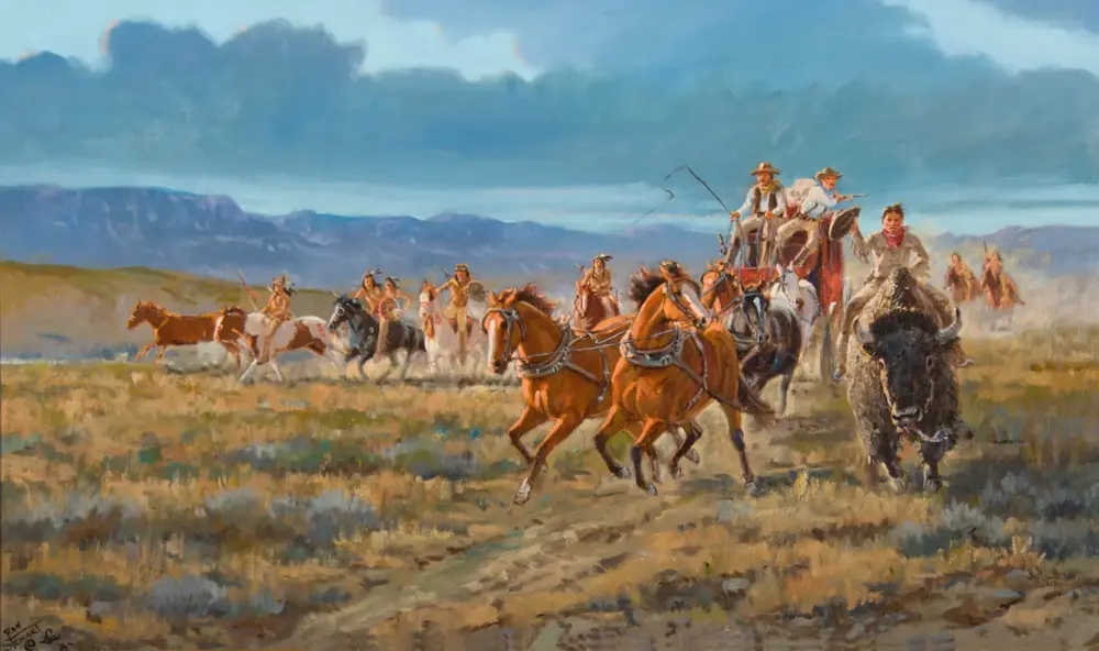 Painted scene of cowboys riding at full gallop across a prairie, with distant mountains and a blue sky.
