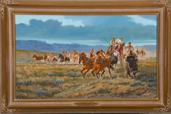 Painted Western scene of cowboys on horseback guiding a group of riders across a dusty prairie with distant mountains under a blue sky.