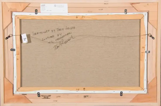Rear view of a stretched canvas in a wooden frame, with hanging wire and several handwritten notes on the back (commission information).