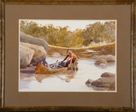 Watercolor scene of Indigenous person in a canoe or by the river with tents set in a forested background and water in the foreground