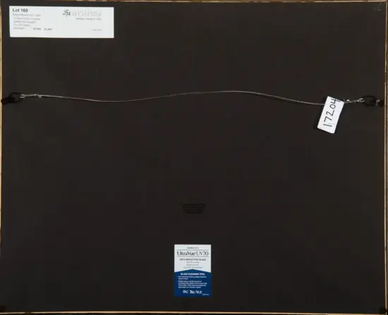 Back of framed artwork with a horizontal hanging wire, auction label top-left and a numbered tag on the right, plus a UV protection sticker bottom center.