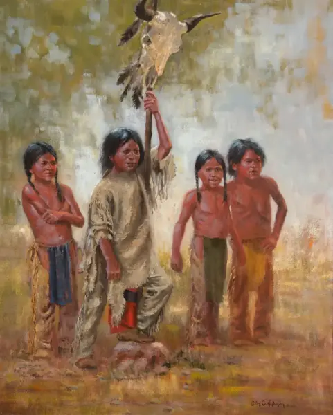 Indigenous man with four children outdoors, raising a staff topped with an eagle head.