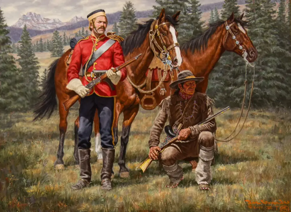 Two soldiers with rifles stand beside two horses in a pine forest; one in a red uniform and the other kneels nearby with a bow, ready for action.