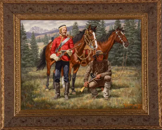 Frontier painting: a red-coat soldier standing with a rifle and two saddled horses, a kneeling Native American man with another rifle, in a forested mountain landscape near a frame edge.