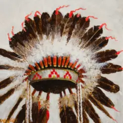 Abstract painting of a Native American feather headdress with brown feathers and red highlights fading outward from a central band.