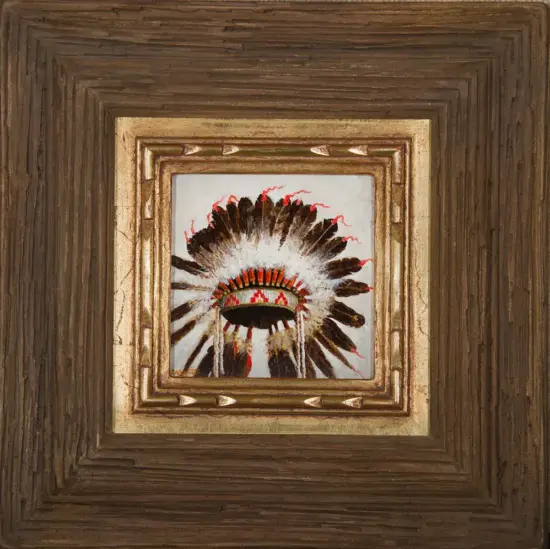 Painting of a Native American feathered war bonnet framed by multiple gilded and wooden frames, centered in the image.