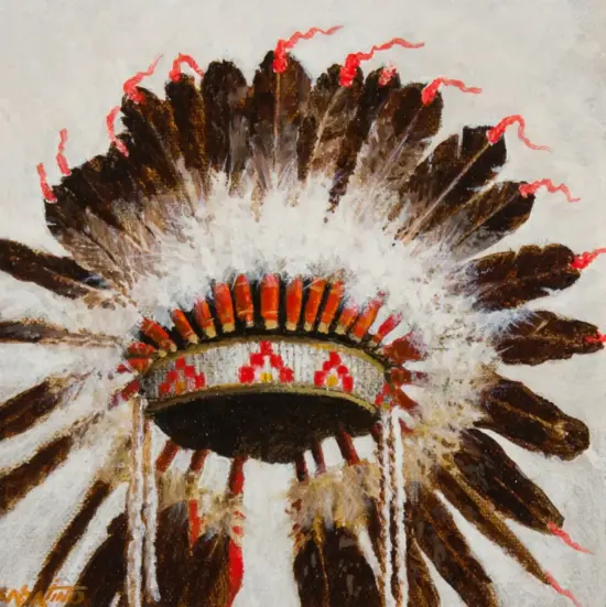 Abstract painting of a Native American feather headdress with brown feathers and red highlights fading outward from a central band.