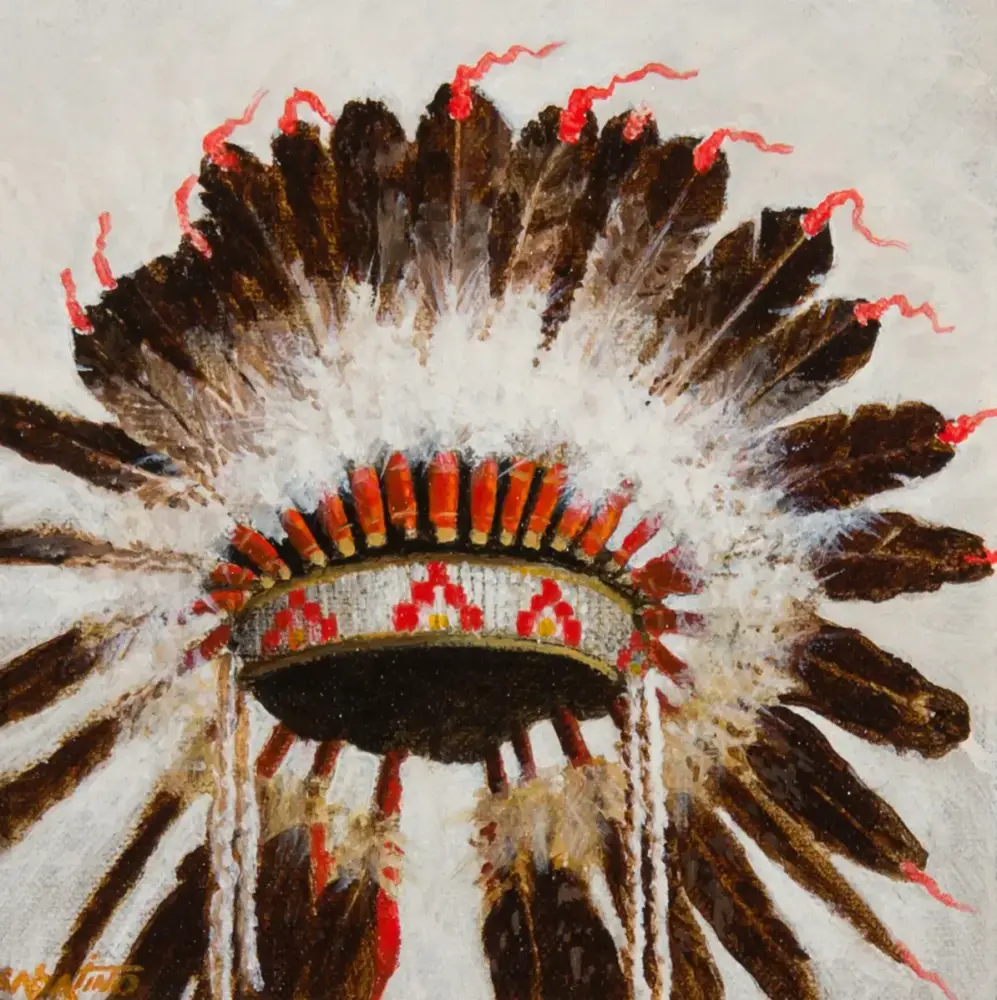 Abstract painting of a Native American feather headdress with brown feathers and red highlights fading outward from a central band.