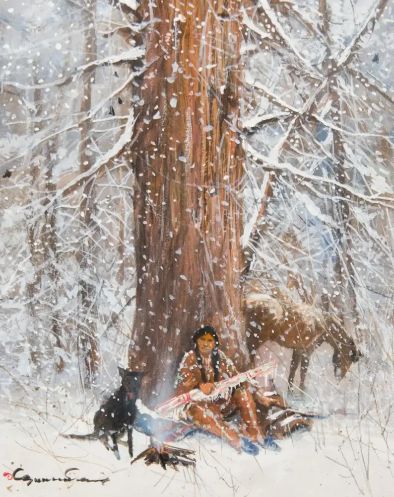 A person in brown clothing sits beside a large snow-covered tree trunk with a red-and-white scarf, while a dark dog rests nearby in a snowy forest as snow falls. A light-colored horse stands in the background.