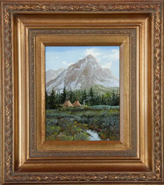 Painting of a snow-capped mountain with a forest and two tents in a meadow, framed by an ornate gold frame.