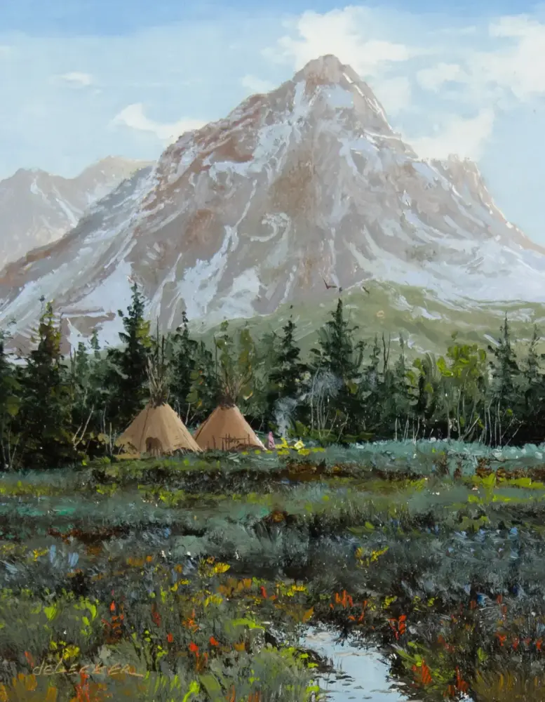 Oil painting of a snowcapped mountain with two teepee-like tents at forest edge under a blue sky
