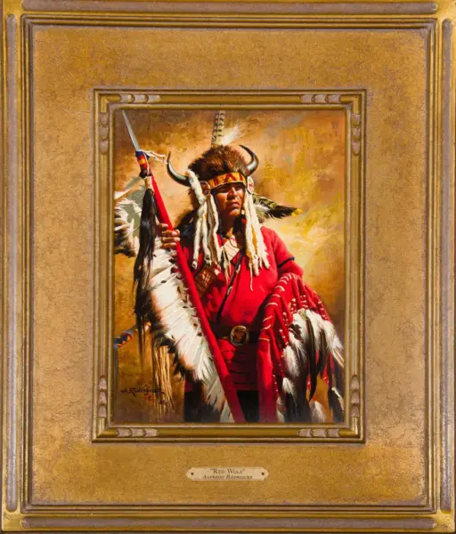Portrait of a Native American man in a red ceremonial outfit with a feather headdress, holding a spear, framed as a painting titled Red Wolf.