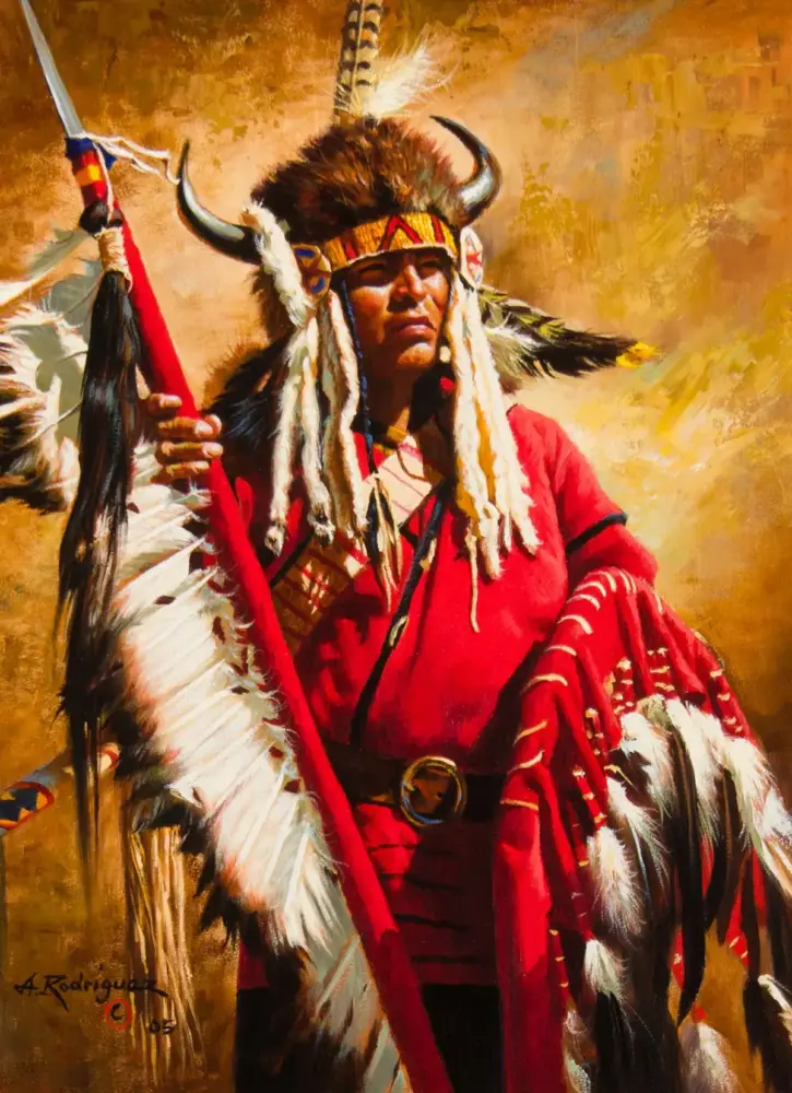 Painterly portrait of a person in ceremonial Native American regalia, red garments, feathered headdress, and a red staff with feathers.