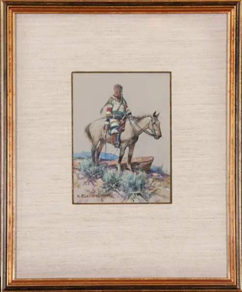 Watercolor illustration of a rider in colorful clothing on a gray horse, standing on desert terrain with shrubs, framed as wall art.