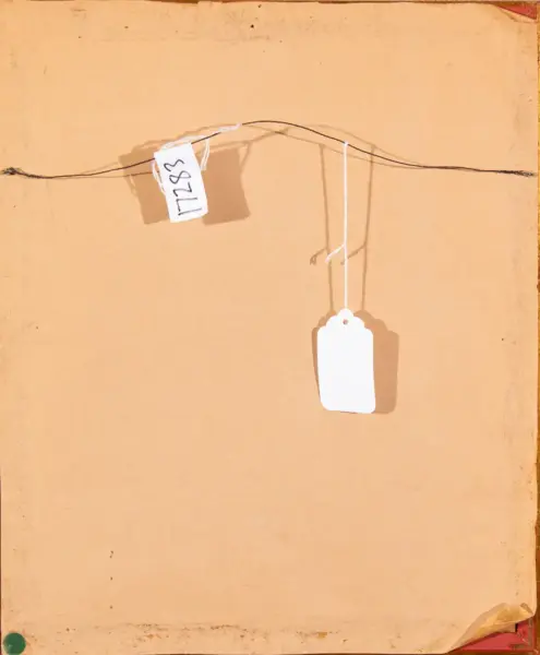 Beige background with a white gift tag hanging from a string, plus a second tag with handwritten numbers attached to the string.