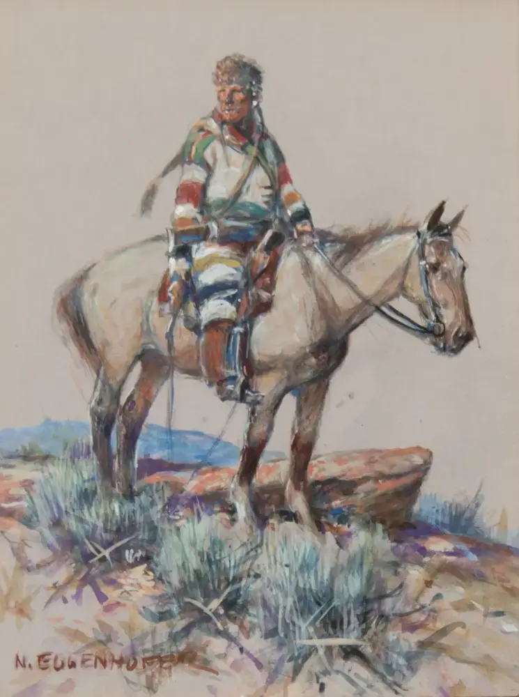 A cowboy in colorful attire rides a gray horse across a rocky, brushy landscape, painted in loose, expressive strokes.