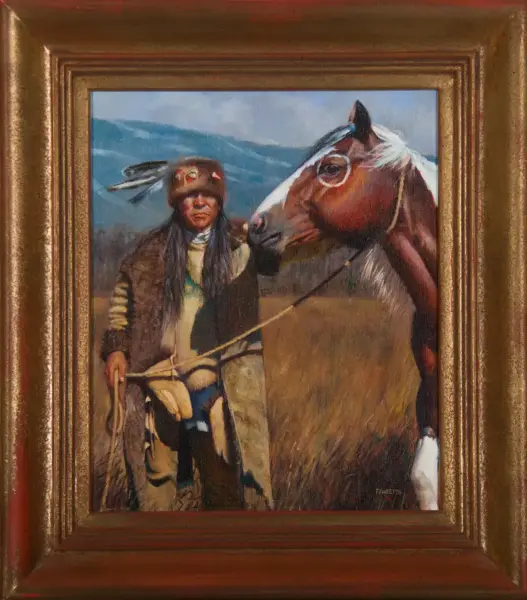 Framed painting showing a Native American man in a fur hat standing beside a horse in a grassy plain.