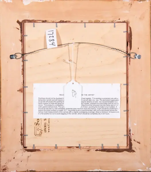 Back of a framed canvas with hanging wire, metal anchors, and a white tag reading 7284.