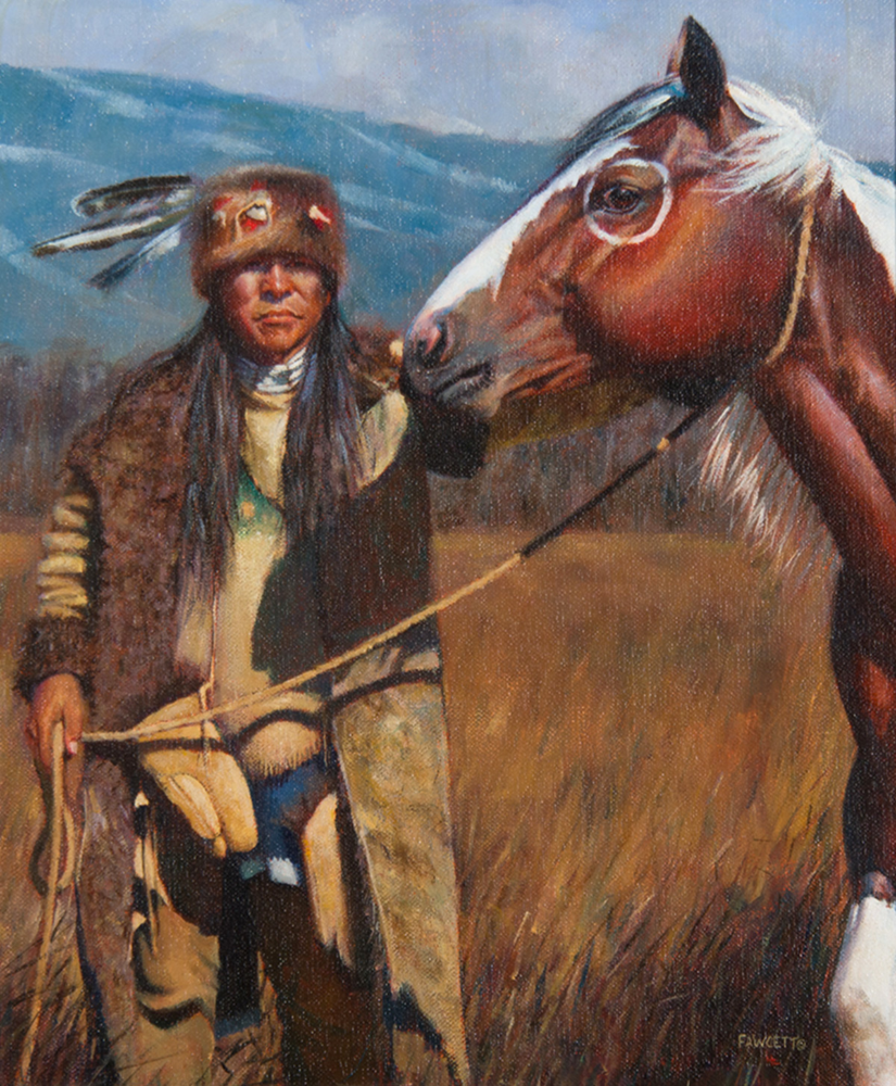 Native American man in a fur hat standing beside a brown-and-white horse in a grassy plain with mountains in the background.