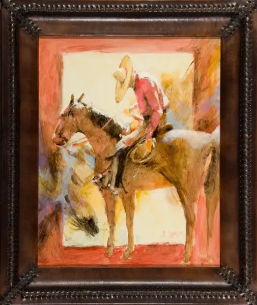Impressionistic painting of a cowboy in a hat riding a brown horse, with warm sunset tones in a dark ornate frame.