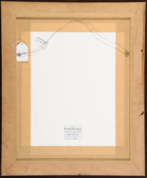 Back of a framed painting: wooden frame with a white mat, hanging wire, and a small tag marked 17885. A frame-design label is at the bottom.