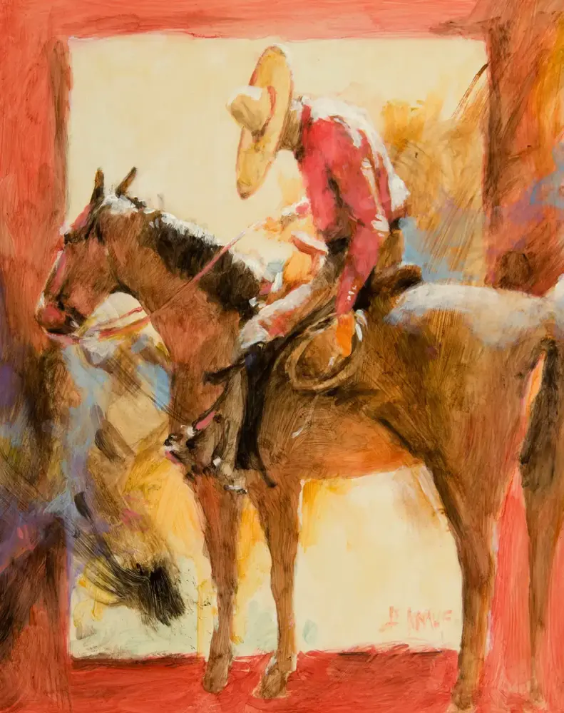 A cowboy in a wide-brim hat riding a brown horse inside a warm red-toned painting.