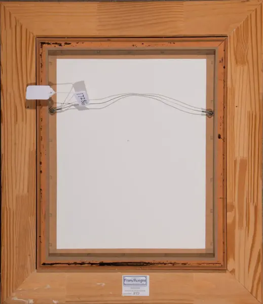 Back of a wooden-framed white canvas; metal hanging wires run across, tag with numbers on the left, label at bottom.