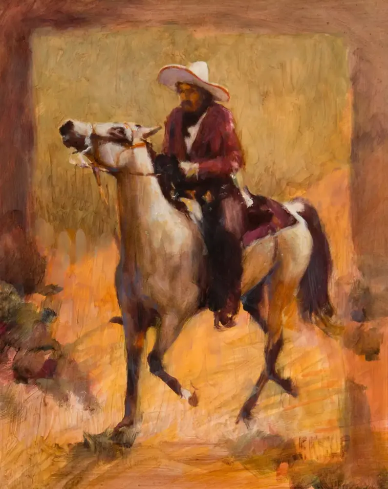 Cowboy wearing a wide-brim hat rides a white horse through a warm, golden desert scene (impressionistic painting).