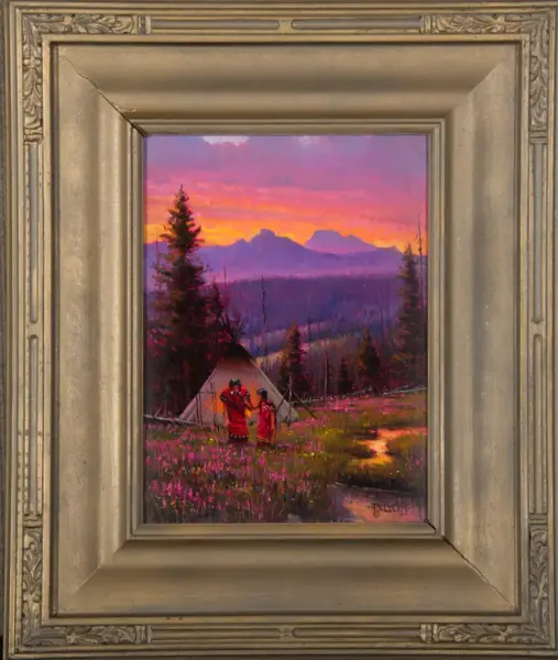 Framed landscape painting of a campsite at sunset with a tent, two people in red, and purple mountains in the distance.